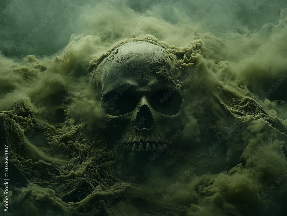 Dangerous mysterious human skull floating in eerie mist. Concept of death, mystery, horror. Dangerous mysterious human skull floating in eerie mist. Concept of death, mystery, horror.