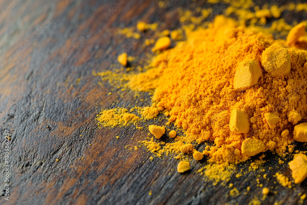 Raw turmeric roots powder on table Raw turmeric roots powder on table
