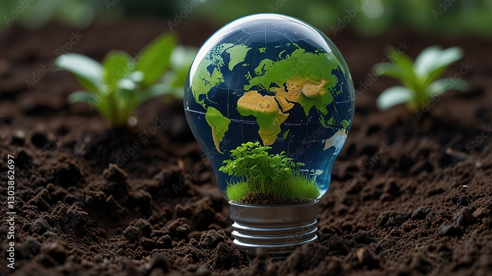 Clear glass light bulb placed upright on a bed of rich, dark soil. Inside the bulb, a map of the Earth is visible Clear glass light bulb placed upright on a bed of rich, dark soil. Inside the bulb, a map of the Earth is visible