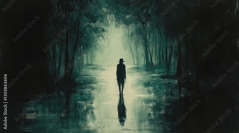 Lone figure walks swampy forest path, misty background, mystery, thriller art Lone figure walks swampy forest path, misty background, mystery, thriller art