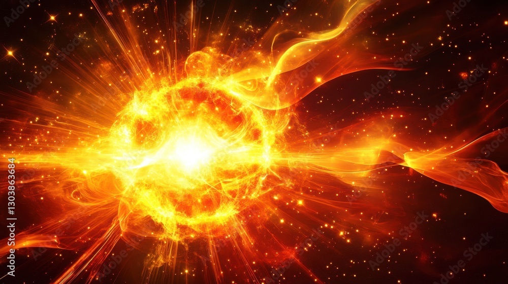 Cosmic energy explosion with swirling nebula clouds and bright particle bursts Cosmic energy explosion with swirling nebula clouds and bright particle bursts