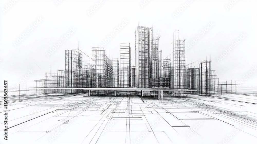 Architectural Visualization: Conceptual Cityscape Design Sketch on White Architectural Visualization: Conceptual Cityscape Design Sketch on White
