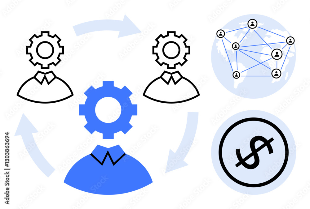 Fototapeta premium Gear-headed figures with arrows, network node diagram, dollar icon visualizing collaboration, automation, networking. Ideal for teamwork, processes, finance, growth innovation strategy systems