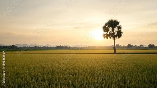 Beautiful sunset over rice fields and palm trees in rural Thailand.