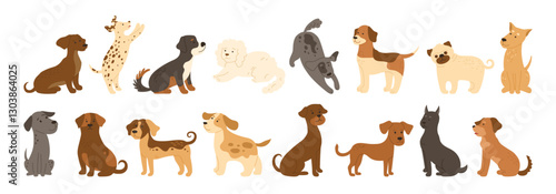 Cute Dogs cartoon character set illustration for kids. Funny childish dogs of different breeds. Puppy in various poses playing sitting, standing pet. Cute comic pedigree canine animals simple vector