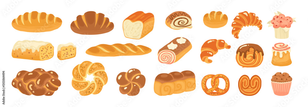 Bread and pastry bakery products cartoon set. Various loaf bun roll, muffin, French baguette and croissant, wheat rye bread. Menu bakery pastry hand drawn food retro art collection vector illustration Bread and pastry bakery products cartoon set. Various loaf bun roll, muffin, French baguette and croissant, wheat rye bread. Menu bakery pastry hand drawn food retro art collection vector illustration