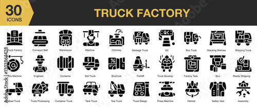 Truck Factory solid icon set. Includes cargo, transport, distribution, container, freight, forklift, and More. Solid icons vector collection.