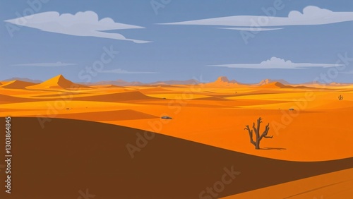 Lone Desert Tree under a Vast Orange Sky - Minimalist Landscape Illustration