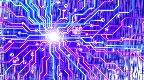 A vibrant, digital design with glowing pink and blue lines converging at a central bright point, resembling a circuit board or network.