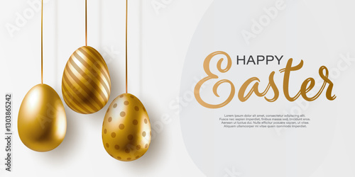 Happy Easter day banner with realistic golden eggs hanging on ribbon. Egg includes striped, dotted, smooth designs. Vector holiday Easter greeting card, web poster, cover, flyer or festive decorations