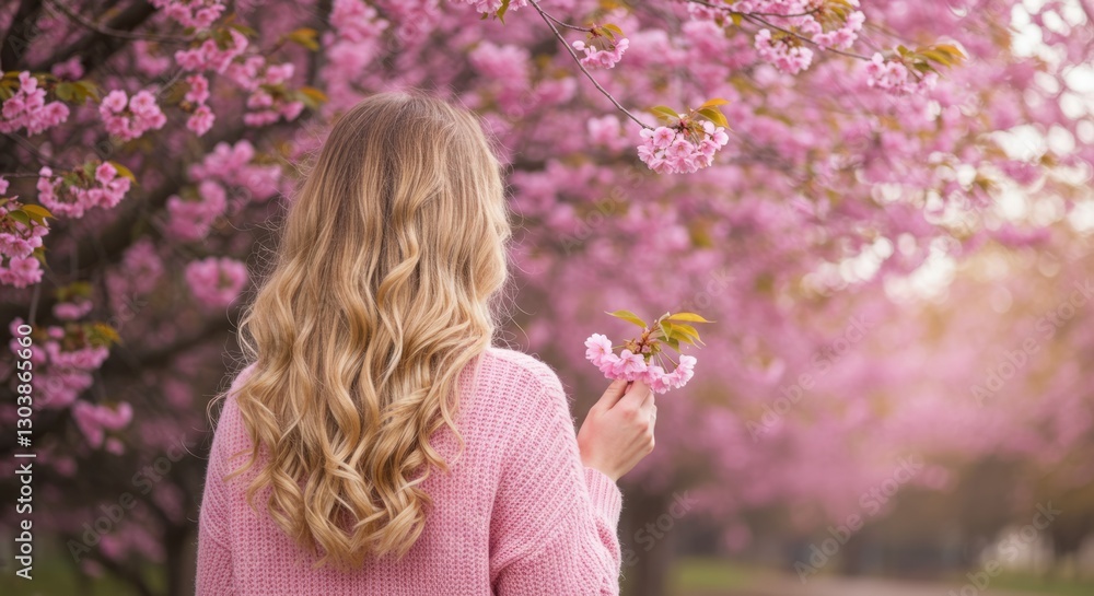 Fototapeta premium Woman with long blonde hair admires cherry blossoms.
