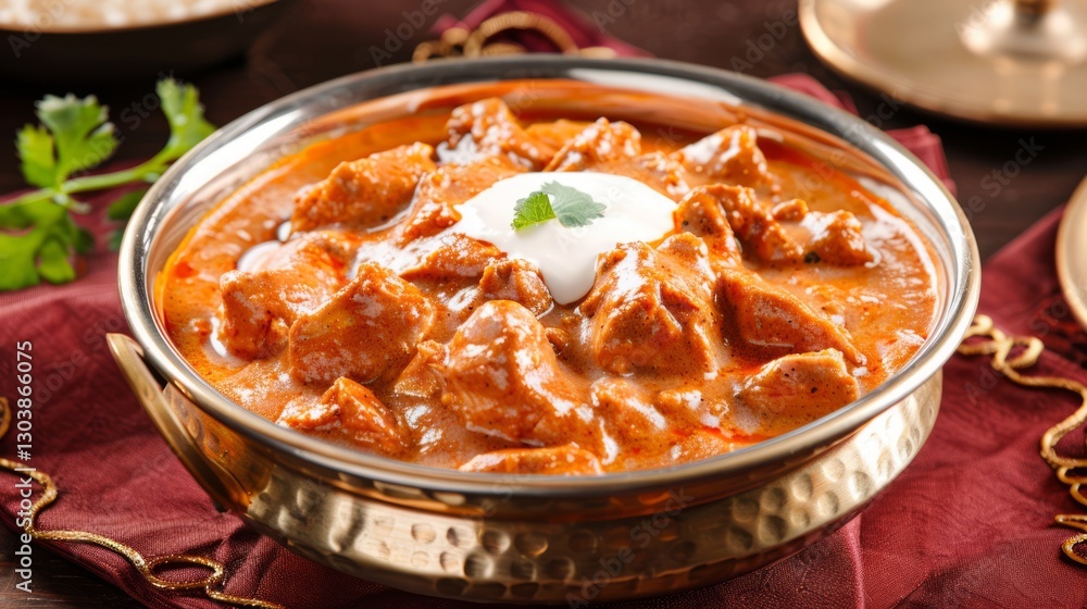 Traditional Indian Butter Chicken Curry Dish in Gilded Bowl with Cream and Spice Presentation Traditional Indian Butter Chicken Curry Dish in Gilded Bowl with Cream and Spice Presentation