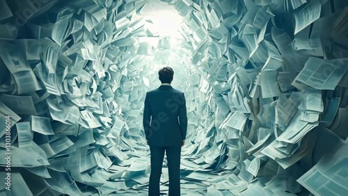 Businessman facing paperwork tunnel; feeling overwhelmed, seeking solution