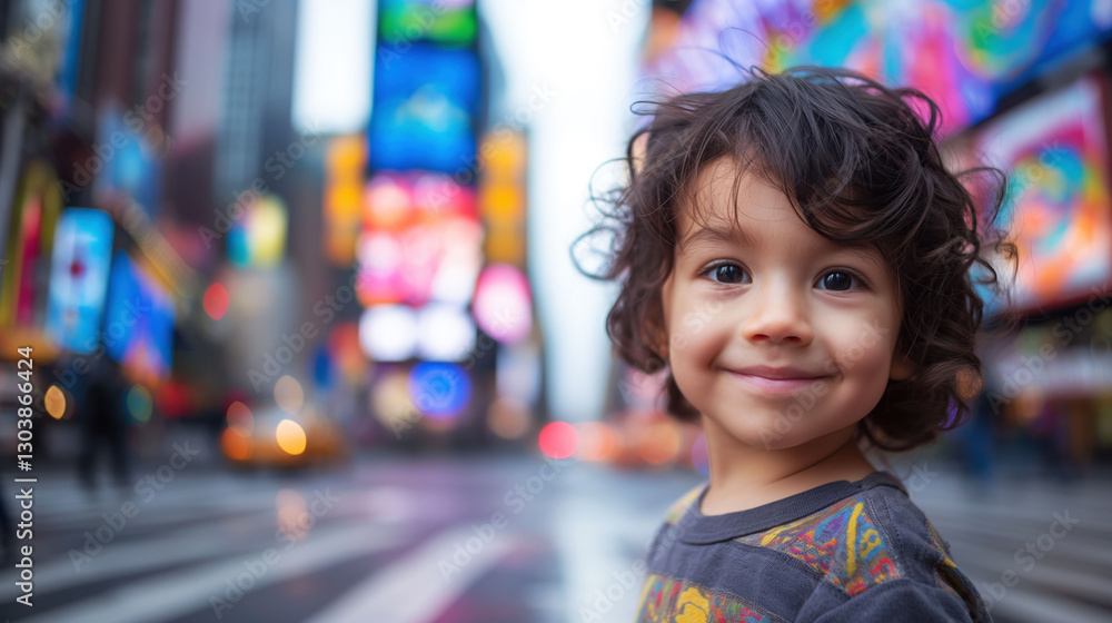 A child stands on a brightly lit crosswalk, wearing a cheerful expression. Skyscrapers tower in the background, illuminated by colorful advertisements in a lively urban setting