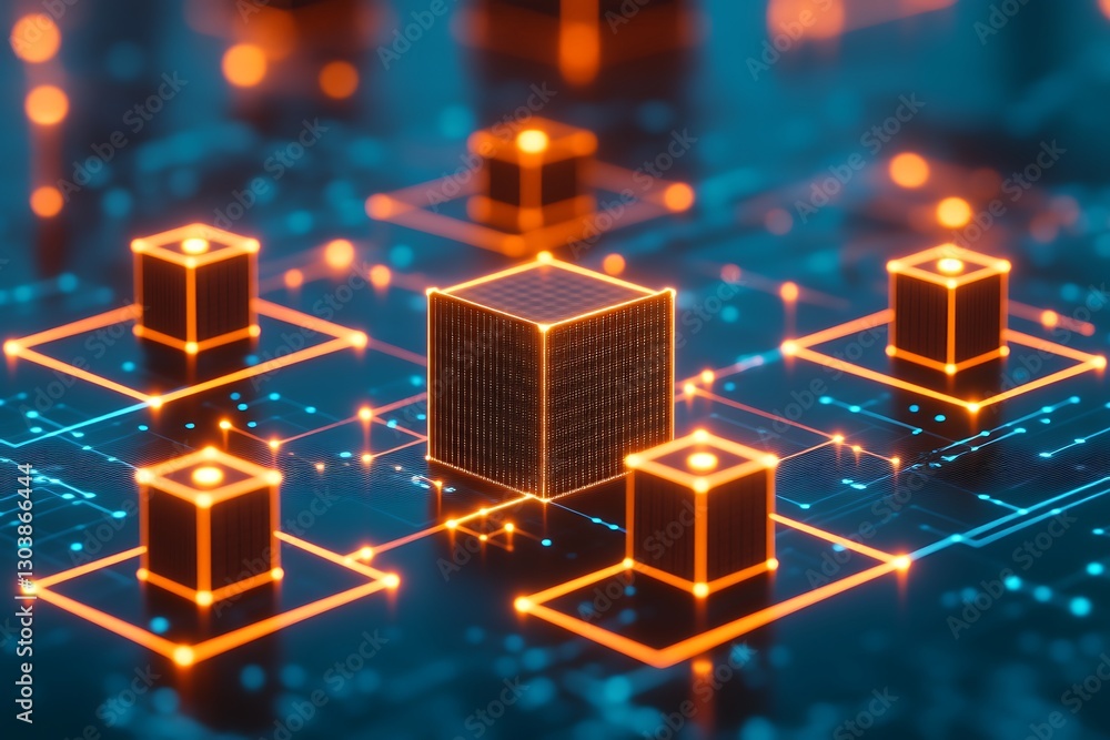 Fototapeta premium Abstract digital network of interconnected glowing cubes and lines