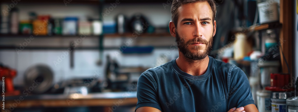 A skilled plumber stands confidently in a clean workshop, featuring a minimalistic backdrop and soft lighting. His direct gaze conveys professionalism and expertise in the trade A skilled plumber stands confidently in a clean workshop, featuring a minimalistic backdrop and soft lighting. His direct gaze conveys professionalism and expertise in the trade