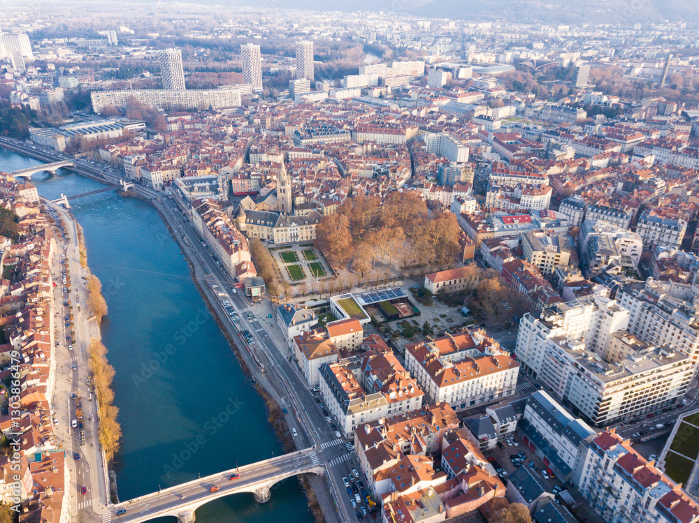 Fototapeta premium Aerial view of historical center and embankment of Grenoble , France