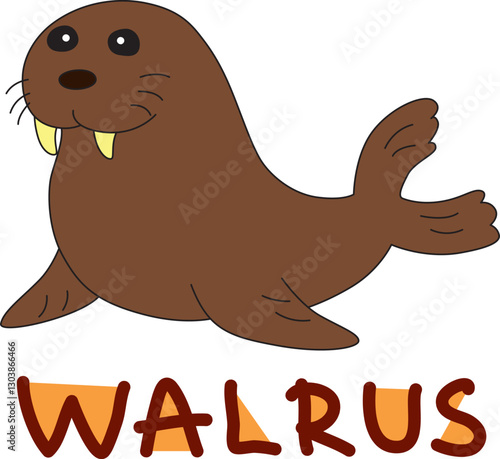 full-length mustachioed walrus with tusks with colorful text below hand written