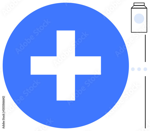 Blue cross at center with medicine bottle to the side, signifying medical care, health, pharmacy, wellness, emergency aid, healthcare services, and treatment solutions. Ideal for health-related flat