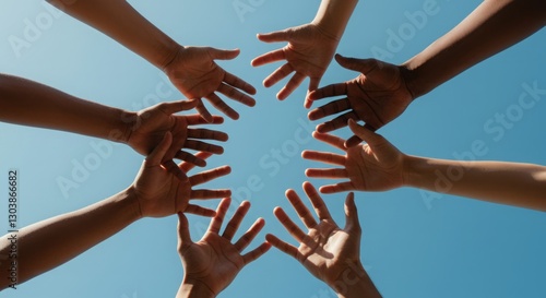 Diverse hands joined together, reaching towards the sky. Unity and teamwork concept.