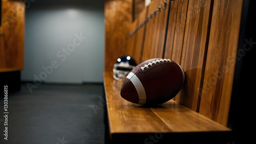 American football ball on a Wooden Locker Room Bench with Helmet Nearby
