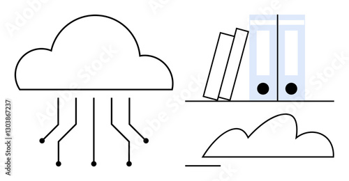 Cloud network transferring data alongside books and binders on shelves. Ideal for data storage, cloud computing, education, technology, workplace, organizing, innovation. Flat simple metaphor