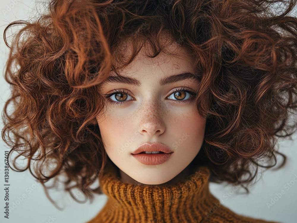 Fototapeta premium Portrait of Young Woman with Curly Hair and Freckles Wearing Turtleneck