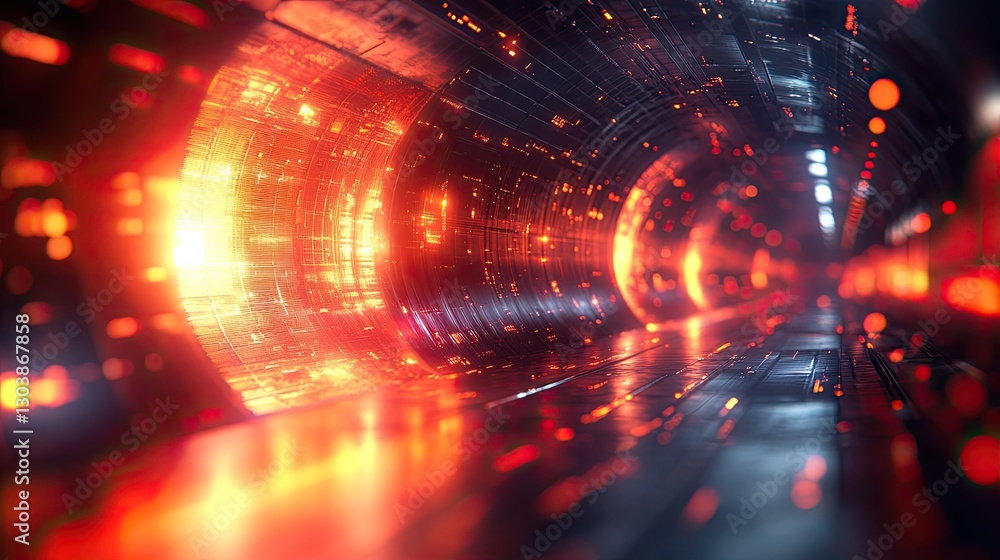 Obraz premium Futuristic tunnel with glowing light. Abstract sci-fi interior. Possible use in video games, tech backgrounds