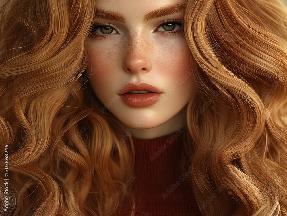 Obraz premium Portrait of a Beautiful Redhead Woman with Freckles and Wavy Hair