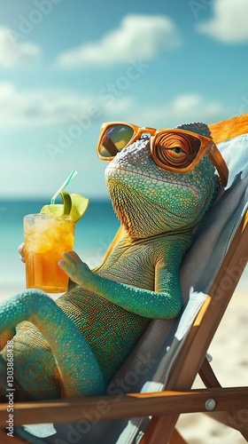 A cool chameleon relaxing on a beach with a tropical drink in hand A relaxed chameleon enjoying a tropical drink on the beach, wearing sunglasses and lounging under the sun.