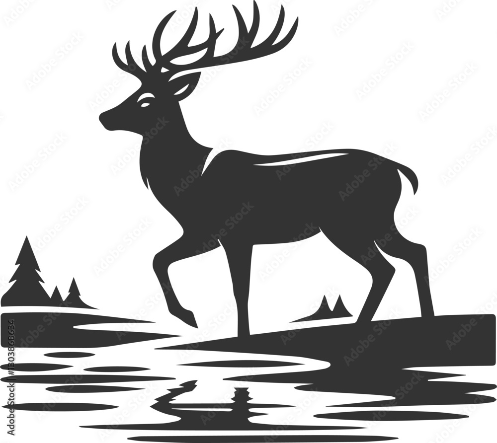 Fototapeta premium A deer standing in a shallow river animal vector silhouette