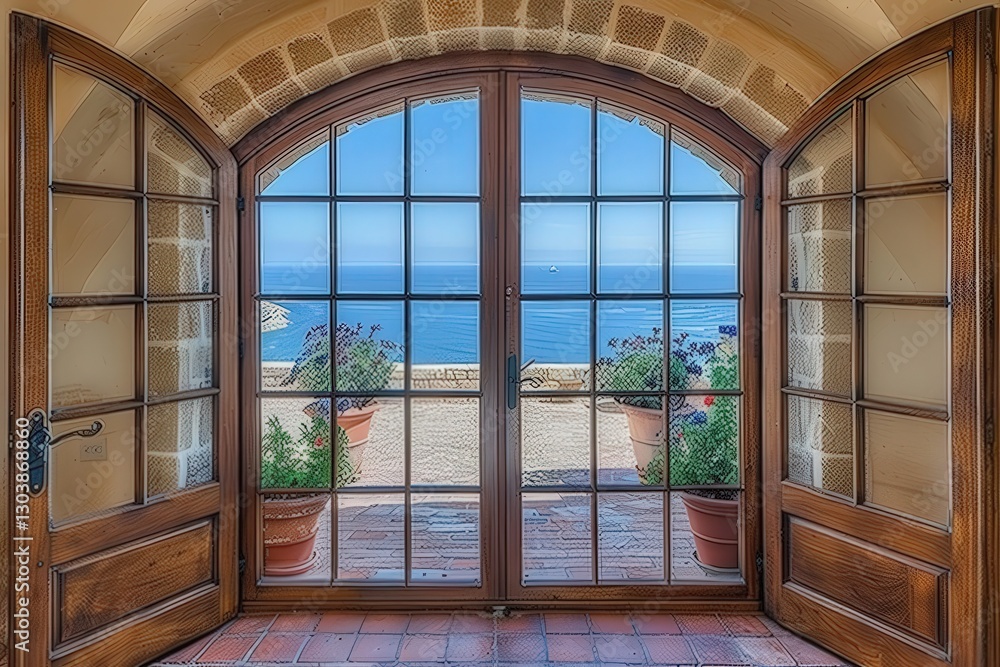Fototapeta premium A picturesque view of the ocean through elegant wooden doors, framed by a charming stone archway and adorned with potted plants.