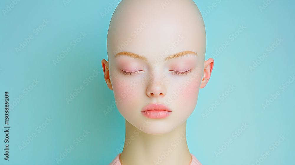 Portrayal of serene beauty and strength in a bald model with soft features against a calm background Portrayal of serene beauty and strength in a bald model with soft features against a calm background