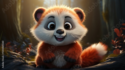 Adorable 3D Cartoon Red Panda Character in a Lush Forest Setting
