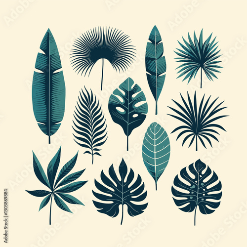 Tropical Leaves Collection for Botanical Illustration, Wallpaper Designs, and Summer-Themed Creative Projects, Suitable for Backgrounds and Decorative Elements