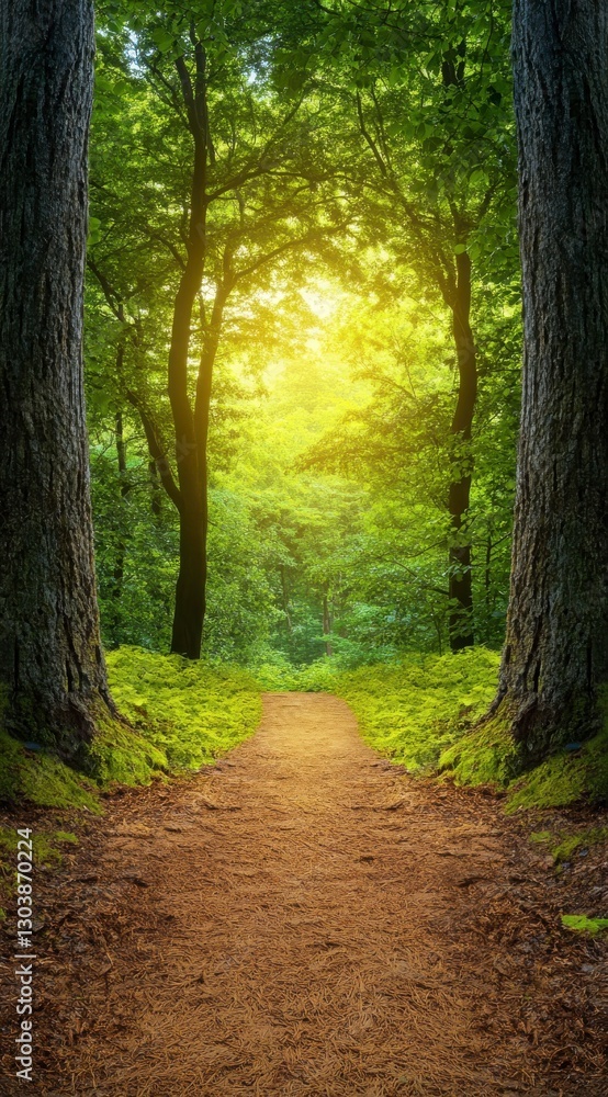 Naklejka premium Serene Forest Pathway Bathed in Golden Sunlight and Lush Greenery