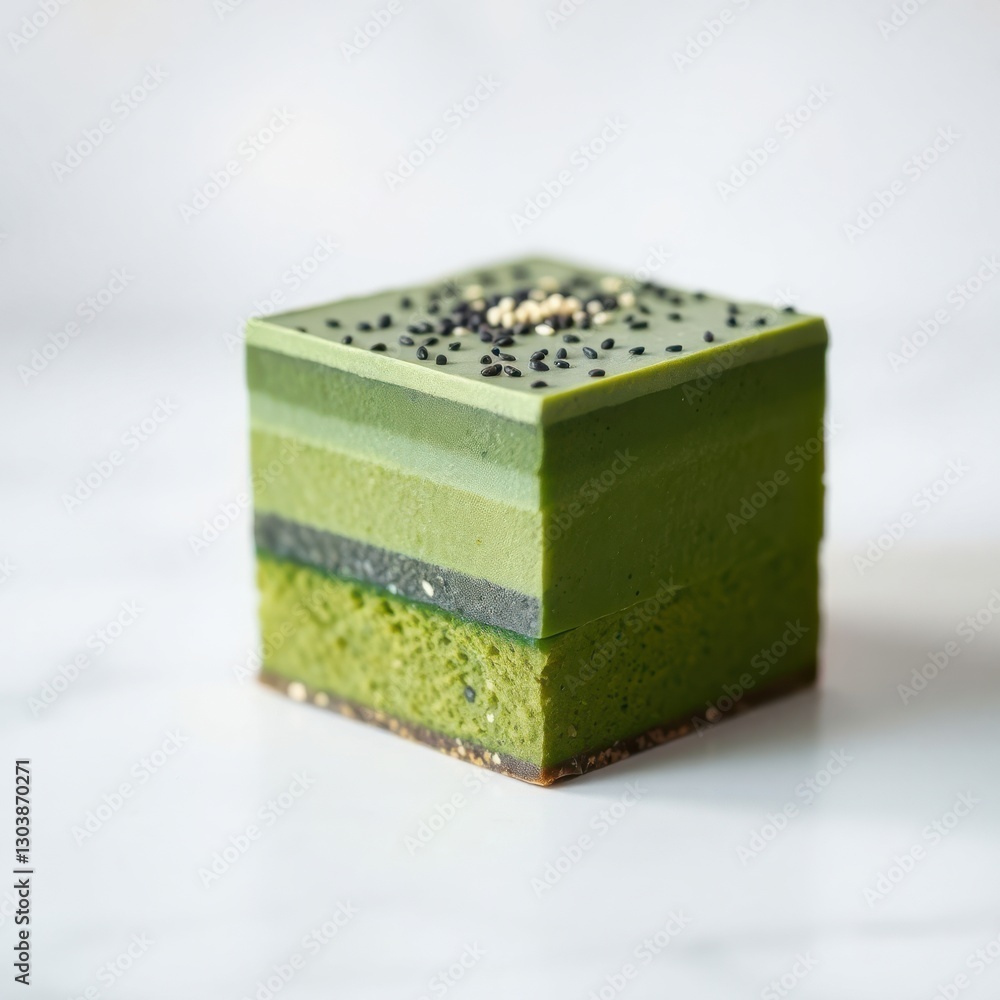 Matcha Dessert: A visually appealing layered cube of green tea flavored pastry topped with sesame seeds. Matcha Dessert: A visually appealing layered cube of green tea flavored pastry topped with sesame seeds.