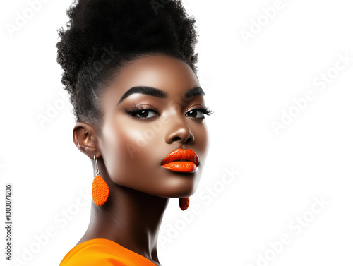 A Bold and Vibrant Portrait of a Black Woman: Celebrating Confidence and Unique Fashion with Striking Orange Lipstick and Stylish Accessories