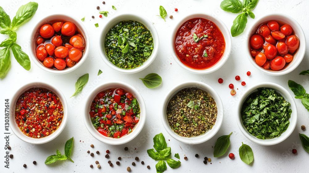 Assorted dips in bowls: tomato, pesto, sauces for food blogs, recipe sites, appetizers, party food, cooking. Assorted dips in bowls: tomato, pesto, sauces for food blogs, recipe sites, appetizers, party food, cooking.