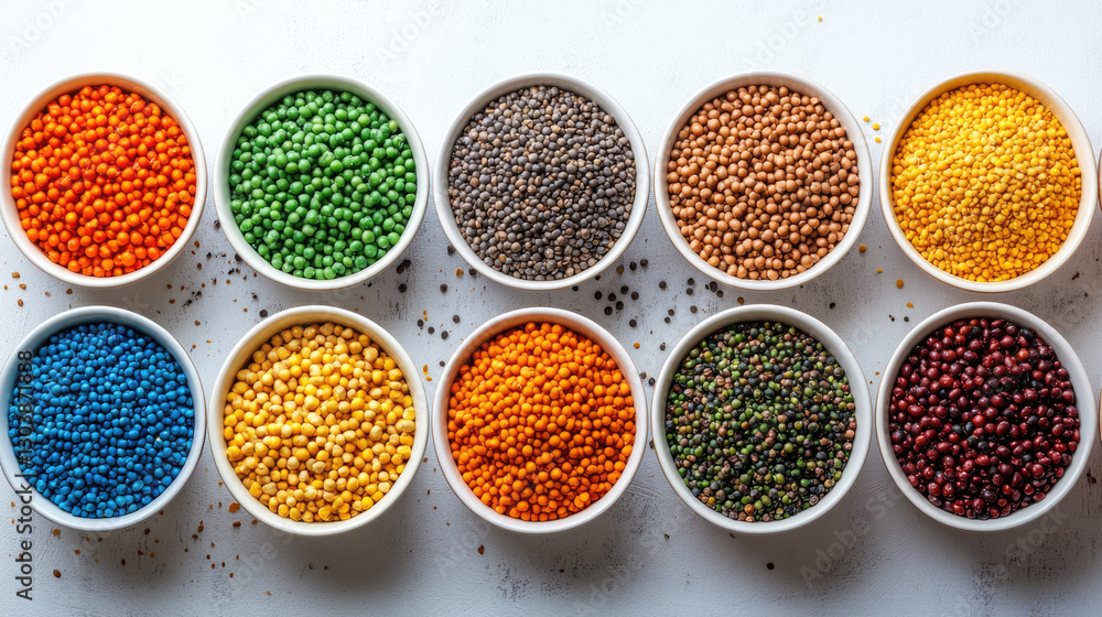 Colorful grains in bowls: lentils, seeds, spices. Ideal for food blogs, cooking sites, healthy eating, ingredients, variety. Colorful grains in bowls: lentils, seeds, spices. Ideal for food blogs, cooking sites, healthy eating, ingredients, variety.