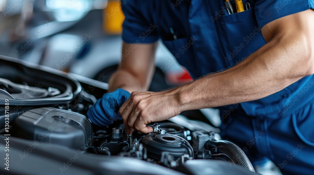 Fototapeta premium Mechanic working on a car engine with tools in hand.