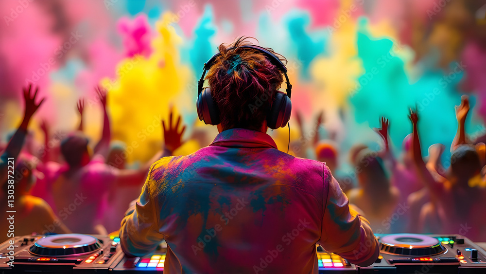 Obraz premium Holi Festival DJ Mixing Music for a Vibrant Crowd with Colorful Powder Explosion – Energetic Celebration of Music and Colors
