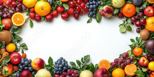 Fototapeta Naklejka Na Ścianę i Meble -  Colorful fruits arranged in a frame on a white background. Perfect for food blogs, health websites, recipe posts, healthy eating articles, and seasonal produce features.