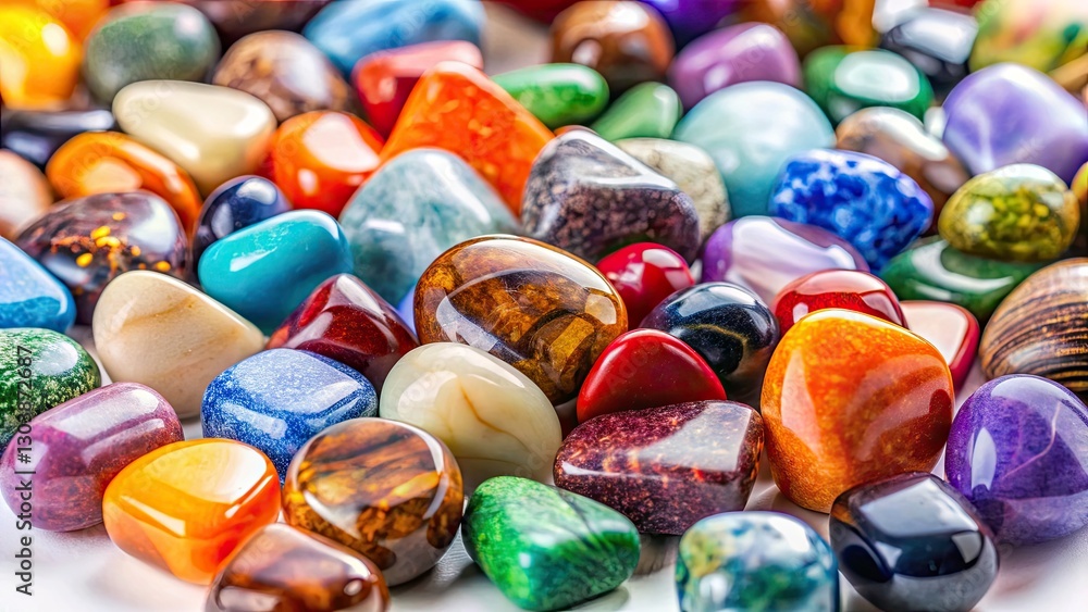 Colorful Polished Stones with Unique Textures and Patterns on White Background, Perfect for Home Decor and Craft Projects Colorful Polished Stones with Unique Textures and Patterns on White Background, Perfect for Home Decor and Craft Projects