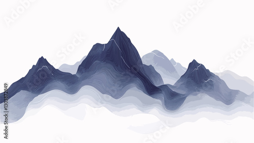 The image depicts an abstract representation of a mountain range.  The mountains are rendered in shades of blue and grey, with lighter areas suggesting fog or mist. The style is painterly,