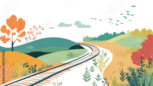 A stylized illustration depicting a winding railroad track traversing a gently rolling landscape. The color palette is characteristic of autumn, with warm yellows, oranges, and reds in the