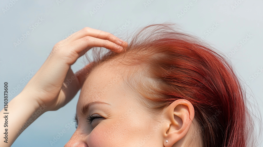 Naklejka premium Woman with red hair touching her scalp, expressing confidence despite alopecia on a sunny day