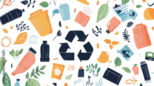 The image is a digital illustration featuring a prominent recycling symbol in the center. The symbol is dark blue and surrounded by various colorful illustrations of recyclable materials,