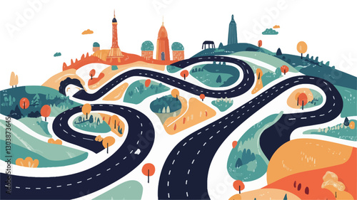 A stylized vector illustration depicting a winding road snaking through rolling hills and leading towards a cityscape on the horizon. The illustration utilizes a flat design style with bold