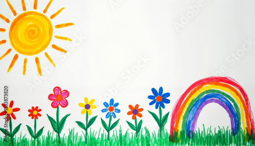 Childlike drawing of sun, flowers, and rainbow on white background
